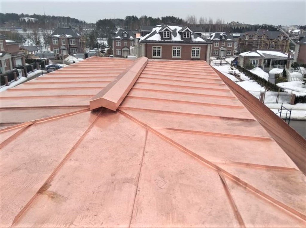 Oxidized copper standing seam roof