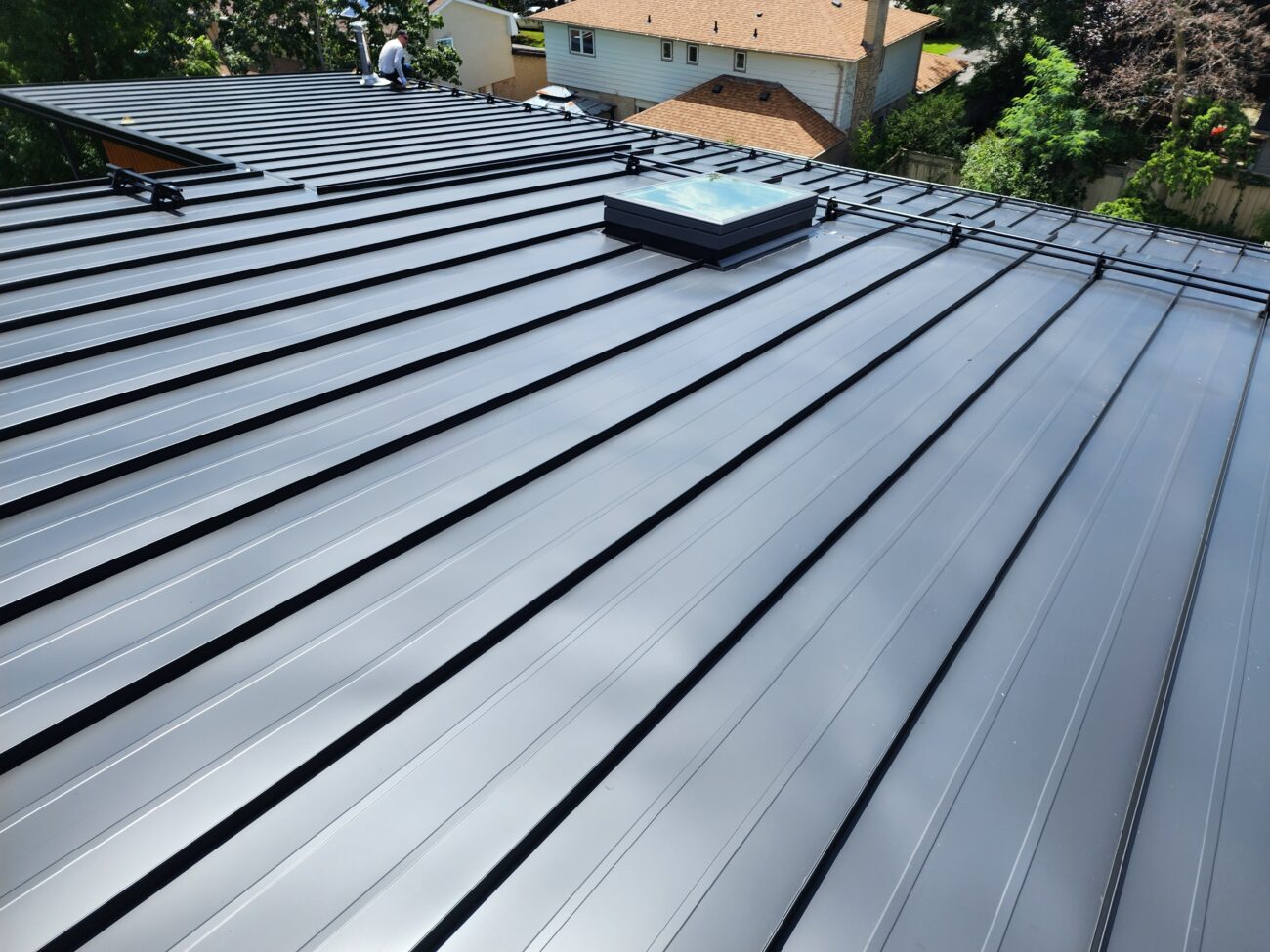Standing seam metal roof close-up, Aurora Ontario residential project
