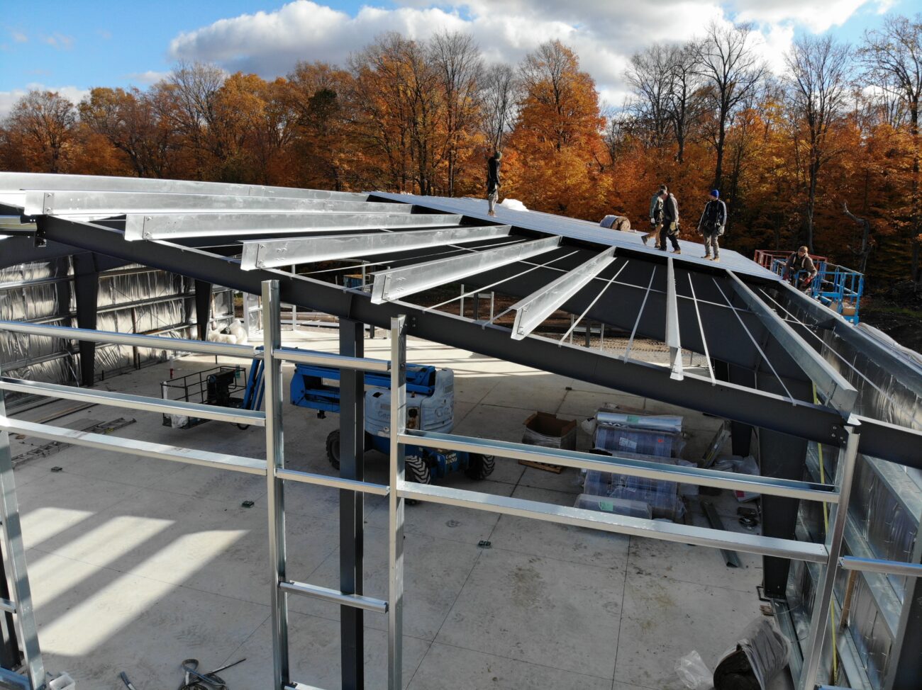 Interior of pre-engineered metal building showing steel structure and insulated walls, Caledon Ontario