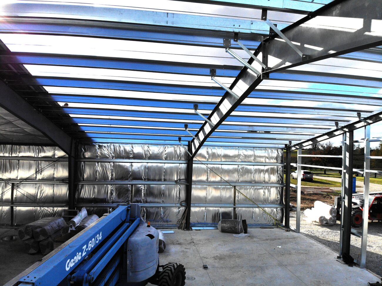 Interior detail of pre-engineered metal building, insulation and cladding, Caledon Ontario
